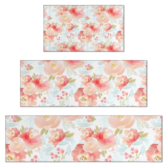 Pioneer Flower Floral Print Pattern Kitchen Rugs Sets Of 3,Kitchen Runner Rugs Non Skid Washable,Decorative Kitchen Floor Mats for Kitchen,Sink,Laundry,17"x30"+ 17"x47" + 17"x59"
