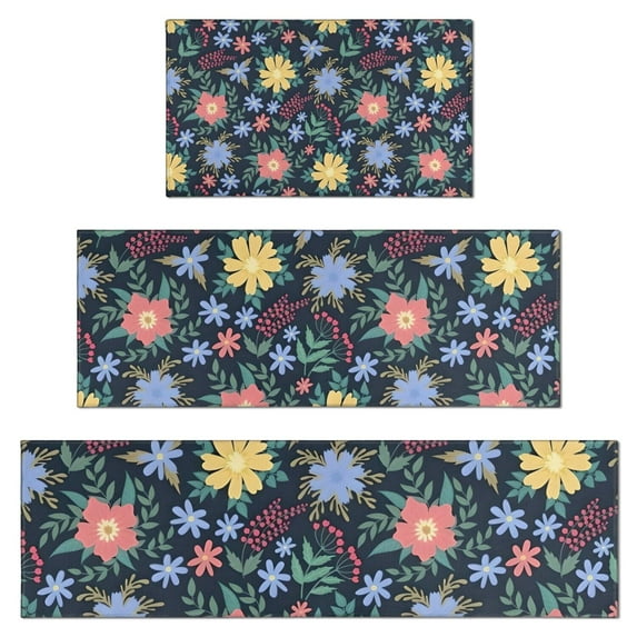 Pioneer Flower Floral Print Pattern Kitchen Rugs Sets Of 3,Kitchen Runner Rugs Non Skid Washable,Decorative Kitchen Floor Mats for Kitchen,Sink,Laundry,17"x30"+ 17"x47" + 17"x59"