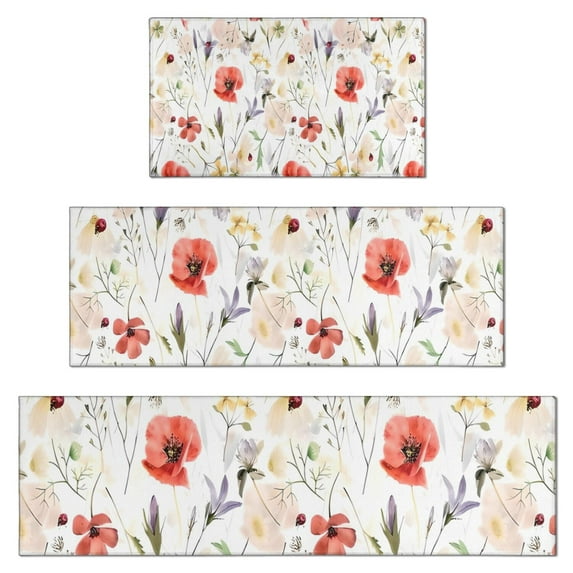 Pioneer Flower Floral Print Pattern Kitchen Rugs Sets Of 3,Kitchen Runner Rugs Non Skid Washable,Decorative Kitchen Floor Mats for Kitchen,Sink,Laundry,17"x30"+ 17"x47" + 17"x59"