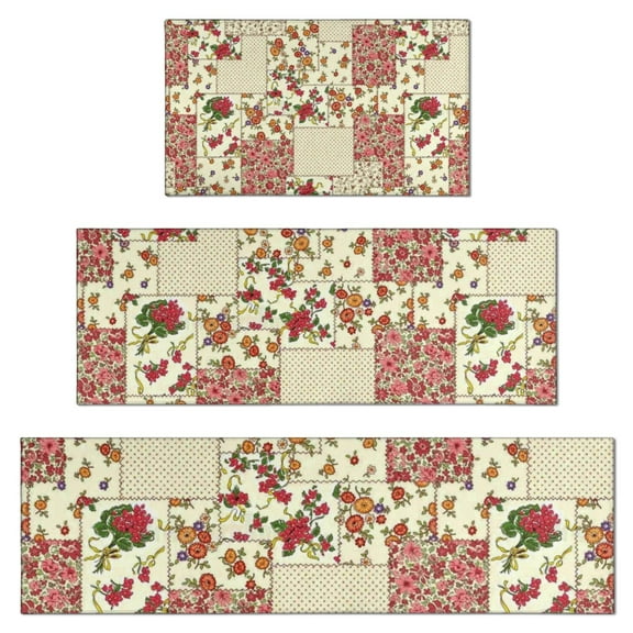 Pioneer Flower Floral Print Pattern Kitchen Rugs Sets Of 3,Kitchen Runner Rugs Non Skid Washable,Decorative Kitchen Floor Mats for Kitchen,Sink,Laundry,17"x30"+ 17"x47" + 17"x59"