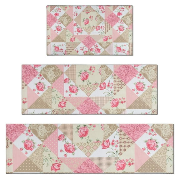 Pioneer Flower Floral Print Pattern Kitchen Rugs Sets Of 3,Kitchen Runner Rugs Non Skid Washable,Decorative Kitchen Floor Mats for Kitchen,Sink,Laundry,17"x30"+ 17"x47" + 17"x59"