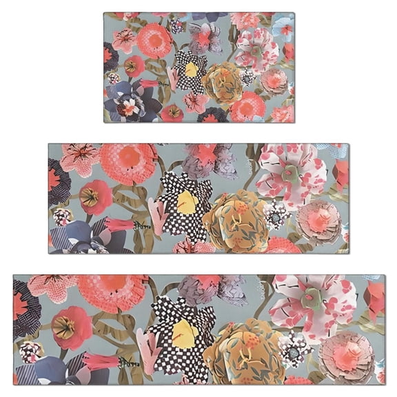 Pioneer Flower Floral Print Pattern Kitchen Rugs Sets Of 3,Kitchen Runner Rugs Non Skid Washable,Decorative Kitchen Floor Mats for Kitchen,Sink,Laundry,17"x30"+ 17"x47" + 17"x59"