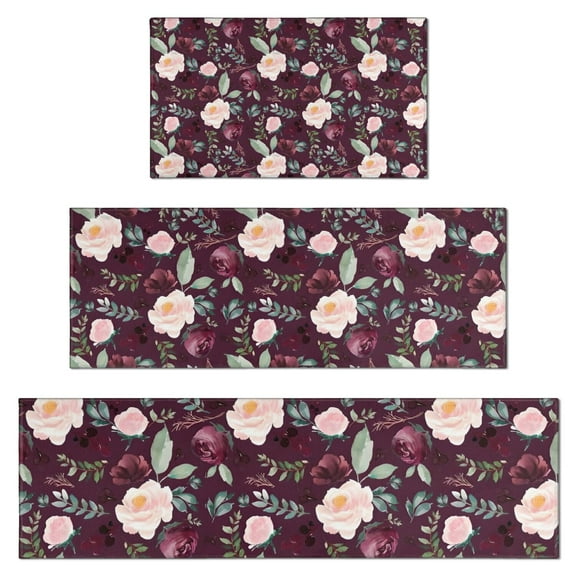 Pioneer Flower Floral Print Pattern Kitchen Rugs Sets Of 3,Kitchen Runner Rugs Non Skid Washable,Decorative Kitchen Floor Mats for Kitchen,Sink,Laundry,17"x30"+ 17"x47" + 17"x59"