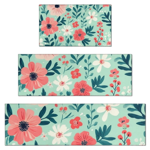 Pioneer Flower Floral Print Pattern Kitchen Rugs Sets Of 3,Kitchen Runner Rugs Non Skid Washable,Decorative Kitchen Floor Mats for Kitchen,Sink,Laundry,17"x30"+ 17"x47" + 17"x59"