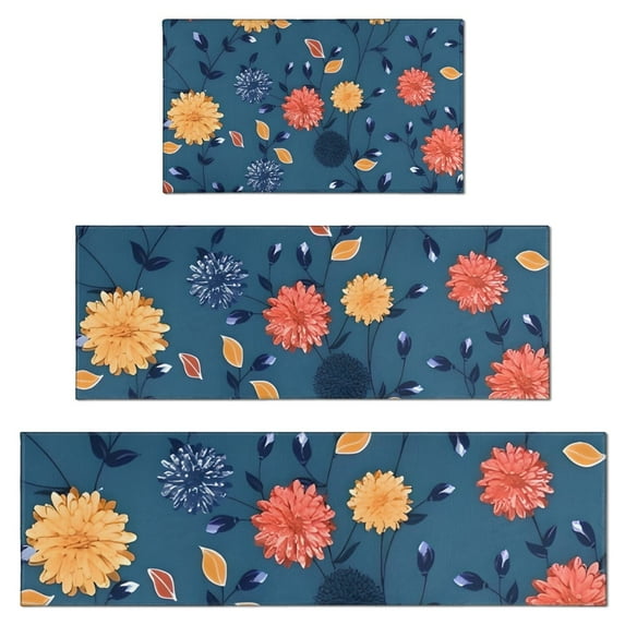 Pioneer Flower Floral Print Pattern Kitchen Rugs Sets Of 3,Kitchen Runner Rugs Non Skid Washable,Decorative Kitchen Floor Mats for Kitchen,Sink,Laundry,17"x30"+ 17"x47" + 17"x59"