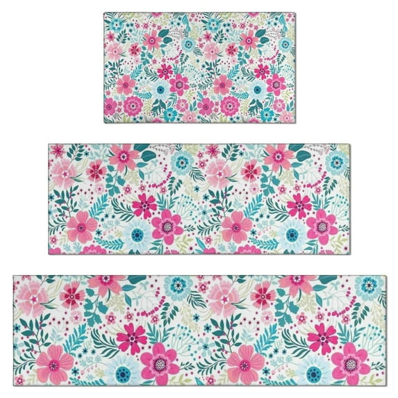 Pioneer Flower Floral Print Pattern Kitchen Rugs Sets Of 3,Kitchen Runner Rugs Non Skid Washable,Decorative Kitchen Floor Mats for Kitchen,Sink,Laundry,17"x30"+ 17"x47" + 17"x59"