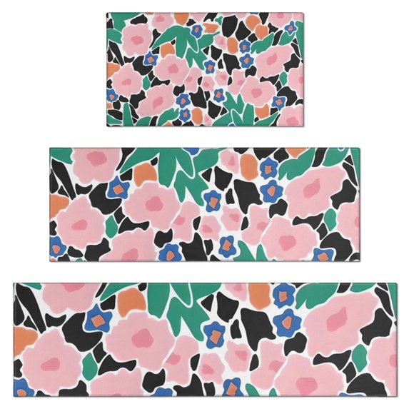 Pioneer Flower Floral Print Pattern Kitchen Rugs Sets Of 3,Kitchen Runner Rugs Non Skid Washable,Decorative Kitchen Floor Mats for Kitchen,Sink,Laundry,17"x30"+ 17"x47" + 17"x59"