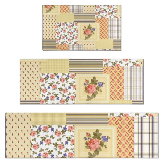 Pioneer Flower Floral Print Pattern Kitchen Rugs Sets Of 3,Kitchen Runner Rugs Non Skid Washable,Decorative Kitchen Floor Mats for Kitchen,Sink,Laundry,17"x30"+ 17"x47" + 17"x59"