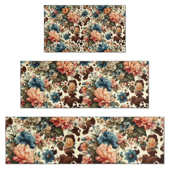 Pioneer Flower Floral Print Pattern Kitchen Rugs Sets Of 3,Kitchen Runner Rugs Non Skid Washable,Decorative Kitchen Floor Mats for Kitchen,Sink,Laundry,17"x30"+ 17"x47" + 17"x59"