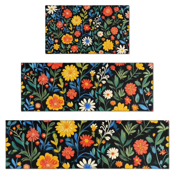 Pioneer Flower Floral Print Pattern Kitchen Rugs Sets Of 3,Kitchen Runner Rugs Non Skid Washable,Decorative Kitchen Floor Mats for Kitchen,Sink,Laundry,17"x30"+ 17"x47" + 17"x59"