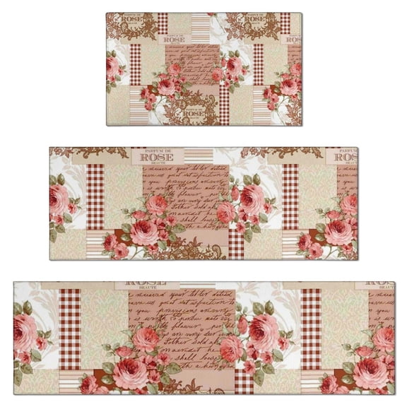 Pioneer Flower Floral Print Pattern Kitchen Rugs Sets Of 3,Kitchen Runner Rugs Non Skid Washable,Decorative Kitchen Floor Mats for Kitchen,Sink,Laundry,17"x30"+ 17"x47" + 17"x59"