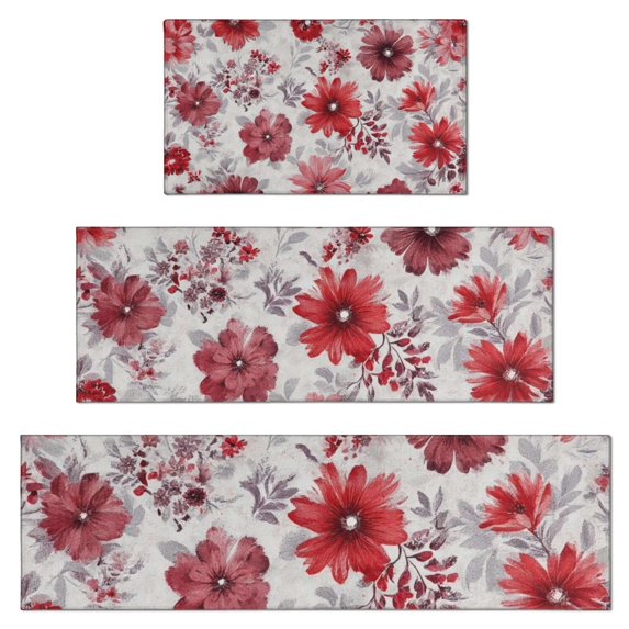 Pioneer Flower Floral Print Pattern Kitchen Rugs Sets Of 3,Kitchen Runner Rugs Non Skid Washable,Decorative Kitchen Floor Mats for Kitchen,Sink,Laundry,17"x30"+ 17"x47" + 17"x59"