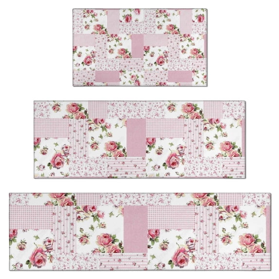 Pioneer Flower Floral Print Pattern Kitchen Rugs Sets Of 3,Kitchen Runner Rugs Non Skid Washable,Decorative Kitchen Floor Mats for Kitchen,Sink,Laundry,17"x30"+ 17"x47" + 17"x59"