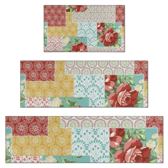 Pioneer Flower Floral Print Pattern Kitchen Rugs Sets Of 3,Kitchen Runner Rugs Non Skid Washable,Decorative Kitchen Floor Mats for Kitchen,Sink,Laundry,17"x30"+ 17"x47" + 17"x59"