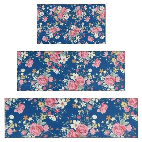 Pioneer Flower Floral Print Pattern Kitchen Rugs Sets Of 3,Kitchen Runner Rugs Non Skid Washable,Decorative Kitchen Floor Mats for Kitchen,Sink,Laundry,17"x30"+ 17"x47" + 17"x59"