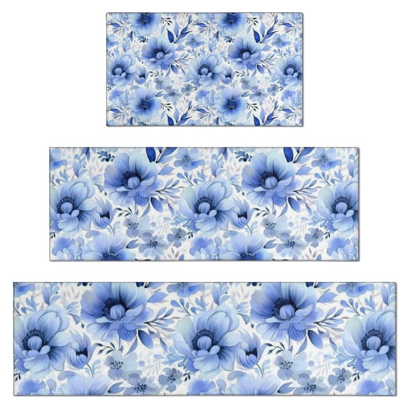 Pioneer Flower Floral Print Pattern Kitchen Rugs Sets Of 3,Kitchen Runner Rugs Non Skid Washable,Decorative Kitchen Floor Mats for Kitchen,Sink,Laundry,17"x30"+ 17"x47" + 17"x59"