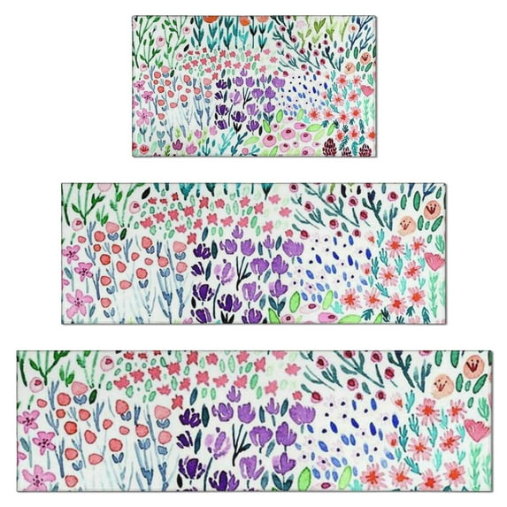 Pioneer Flower Floral Print Pattern Kitchen Rugs Sets Of 3,Kitchen Runner Rugs Non Skid Washable,Decorative Kitchen Floor Mats for Kitchen,Sink,Laundry,17"x30"+ 17"x47" + 17"x59"