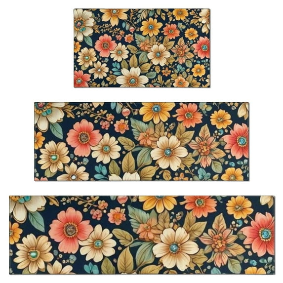Pioneer Flower Floral Print Pattern Kitchen Rugs Sets Of 3,Kitchen Runner Rugs Non Skid Washable,Decorative Kitchen Floor Mats for Kitchen,Sink,Laundry,17"x30"+ 17"x47" + 17"x59"