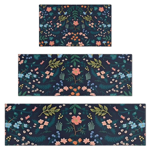 Pioneer Flower Floral Print Pattern Kitchen Rugs Sets Of 3,Kitchen Runner Rugs Non Skid Washable,Decorative Kitchen Floor Mats for Kitchen,Sink,Laundry,17"x30"+ 17"x47" + 17"x59"