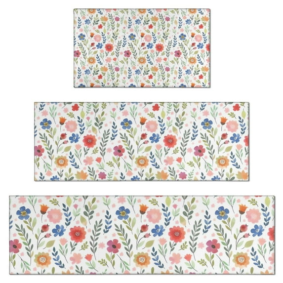 Pioneer Flower Floral Print Pattern Kitchen Rugs Sets Of 3,Kitchen Runner Rugs Non Skid Washable,Decorative Kitchen Floor Mats for Kitchen,Sink,Laundry,17"x30"+ 17"x47" + 17"x59"