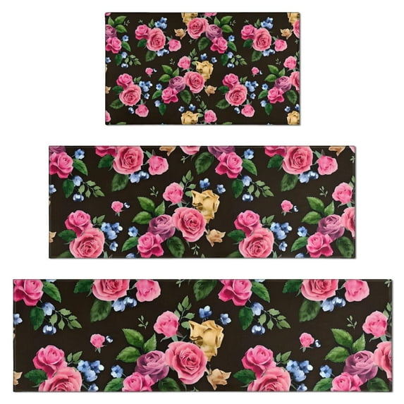 Pioneer Flower Floral Print Pattern Kitchen Rugs Sets Of 3,Kitchen Runner Rugs Non Skid Washable,Decorative Kitchen Floor Mats for Kitchen,Sink,Laundry,17"x30"+ 17"x47" + 17"x59"