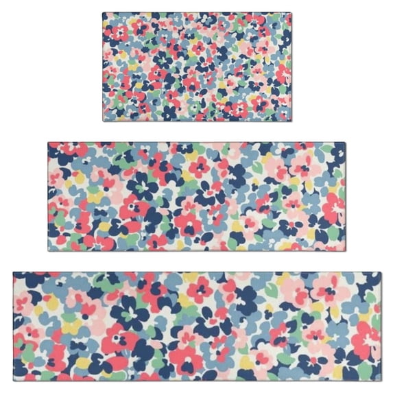 Pioneer Flower Floral Print Pattern Kitchen Rugs Sets Of 3,Kitchen Runner Rugs Non Skid Washable,Decorative Kitchen Floor Mats for Kitchen,Sink,Laundry,17"x30"+ 17"x47" + 17"x59"