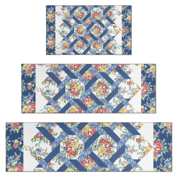 Pioneer Flower Floral Print Pattern Kitchen Rugs Sets Of 3,Kitchen Runner Rugs Non Skid Washable,Decorative Kitchen Floor Mats for Kitchen,Sink,Laundry,17"x30"+ 17"x47" + 17"x59"