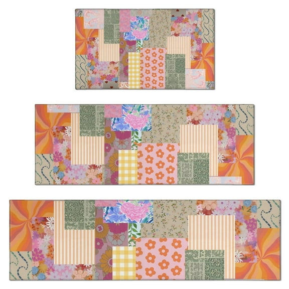 Pioneer Flower Floral Print Pattern Kitchen Rugs Sets Of 3,Kitchen Runner Rugs Non Skid Washable,Decorative Kitchen Floor Mats for Kitchen,Sink,Laundry,17"x30"+ 17"x47" + 17"x59"