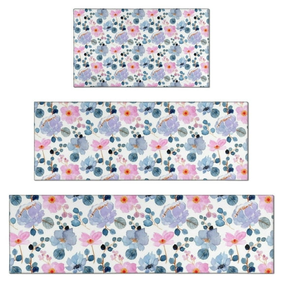 Pioneer Flower Floral Print Pattern Kitchen Rugs Sets Of 3,Kitchen Runner Rugs Non Skid Washable,Decorative Kitchen Floor Mats for Kitchen,Sink,Laundry,17"x30"+ 17"x47" + 17"x59"