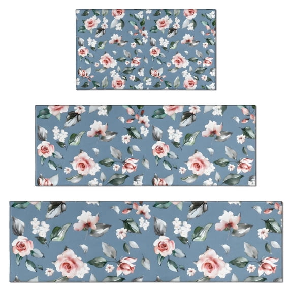 Pioneer Flower Floral Print Pattern Kitchen Rugs Sets Of 3,Kitchen Runner Rugs Non Skid Washable,Decorative Kitchen Floor Mats for Kitchen,Sink,Laundry,17"x30"+ 17"x47" + 17"x59"