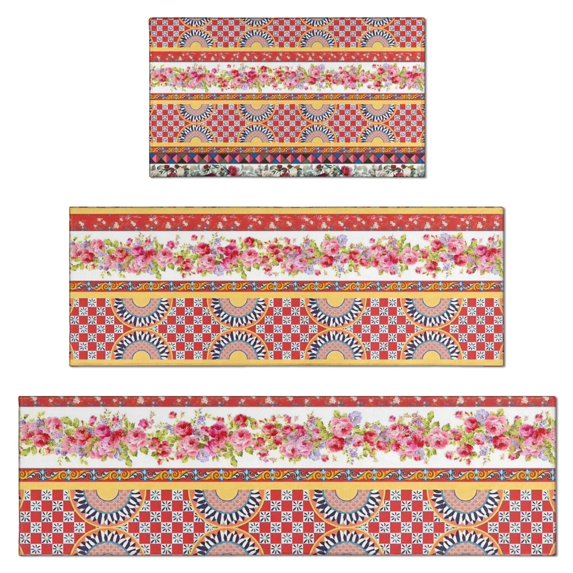 Pioneer Flower Floral Print Pattern Kitchen Rugs Sets Of 3,Kitchen Runner Rugs Non Skid Washable,Decorative Kitchen Floor Mats for Kitchen,Sink,Laundry,17"x30"+ 17"x47" + 17"x59"
