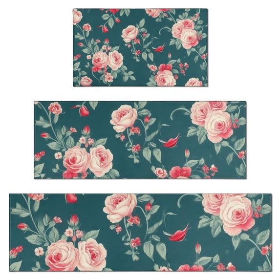 Pioneer Flower Floral Print Pattern Kitchen Rugs Sets Of 3,Kitchen Runner Rugs Non Skid Washable,Decorative Kitchen Floor Mats for Kitchen,Sink,Laundry,17"x30"+ 17"x47" + 17"x59"