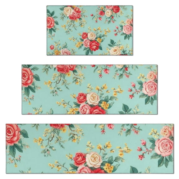 Pioneer Flower Floral Print Pattern Kitchen Rugs Sets Of 3,Kitchen Runner Rugs Non Skid Washable,Decorative Kitchen Floor Mats for Kitchen,Sink,Laundry,17"x30"+ 17"x47" + 17"x59"