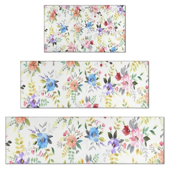 Pioneer Flower Floral Print Pattern Kitchen Rugs Sets Of 3,Kitchen Runner Rugs Non Skid Washable,Decorative Kitchen Floor Mats for Kitchen,Sink,Laundry,17"x30"+ 17"x47" + 17"x59"