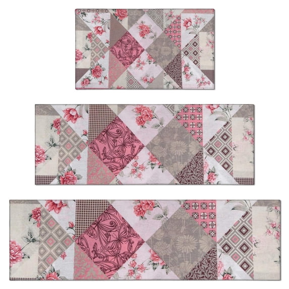 Pioneer Flower Floral Print Pattern Kitchen Rugs Sets Of 3,Kitchen Runner Rugs Non Skid Washable,Decorative Kitchen Floor Mats for Kitchen,Sink,Laundry,17"x30"+ 17"x47" + 17"x59"