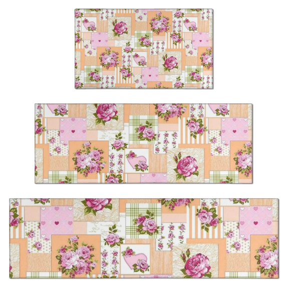 Pioneer Flower Floral Print Pattern Kitchen Rugs Sets Of 3,Kitchen Runner Rugs Non Skid Washable,Decorative Kitchen Floor Mats for Kitchen,Sink,Laundry,17"x30"+ 17"x47" + 17"x59"