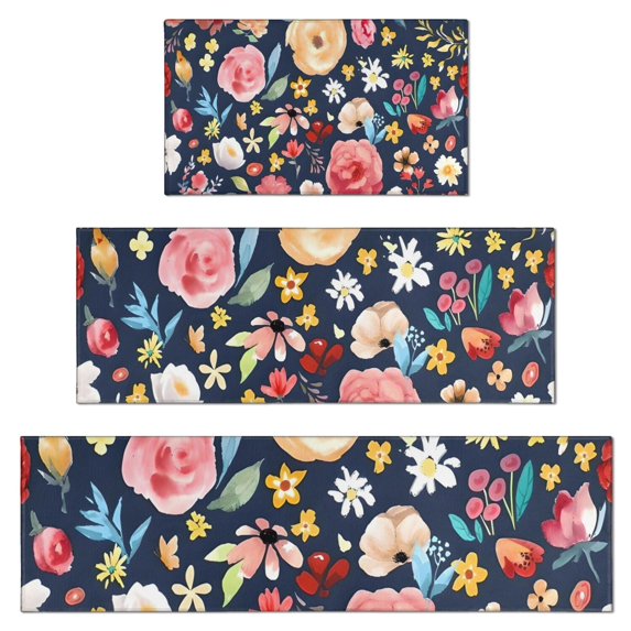 Pioneer Flower Floral Print Pattern Kitchen Rugs Sets Of 3,Kitchen Runner Rugs Non Skid Washable,Decorative Kitchen Floor Mats for Kitchen,Sink,Laundry,17"x30"+ 17"x47" + 17"x59"
