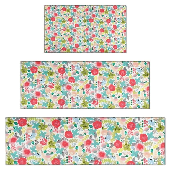Pioneer Flower Floral Print Pattern Kitchen Rugs Sets Of 3,Kitchen Runner Rugs Non Skid Washable,Decorative Kitchen Floor Mats for Kitchen,Sink,Laundry,17"x30"+ 17"x47" + 17"x59"
