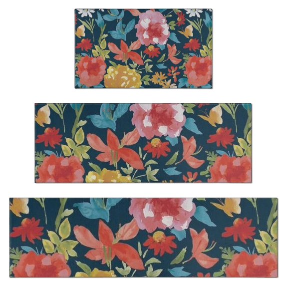 Pioneer Flower Floral Print Pattern Kitchen Rugs Sets Of 3,Kitchen Runner Rugs Non Skid Washable,Decorative Kitchen Floor Mats for Kitchen,Sink,Laundry,17"x30"+ 17"x47" + 17"x59"
