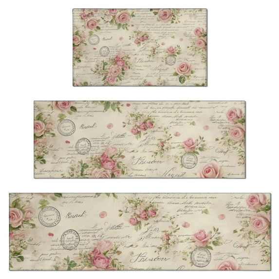 Pioneer Flower Floral Print Pattern Kitchen Rugs Sets Of 3,Kitchen Runner Rugs Non Skid Washable,Decorative Kitchen Floor Mats for Kitchen,Sink,Laundry,17"x30"+ 17"x47" + 17"x59"