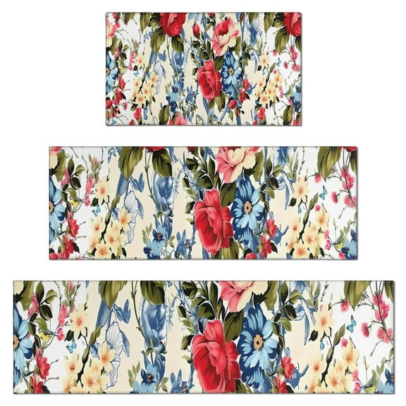 Pioneer Flower Floral Print Pattern Kitchen Rugs Sets Of 3,Kitchen Runner Rugs Non Skid Washable,Decorative Kitchen Floor Mats for Kitchen,Sink,Laundry,17"x30"+ 17"x47" + 17"x59"