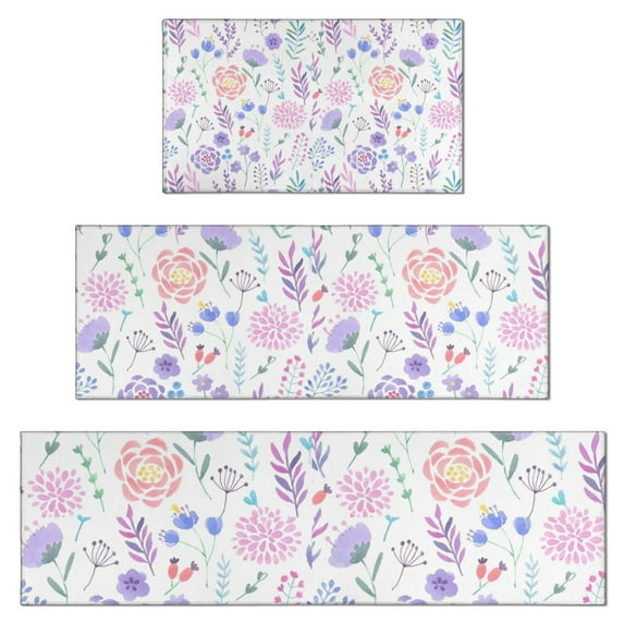 Pioneer Flower Floral Print Pattern Kitchen Rugs Sets Of 3,Kitchen Runner Rugs Non Skid Washable,Decorative Kitchen Floor Mats for Kitchen,Sink,Laundry,17"x30"+ 17"x47" + 17"x59"