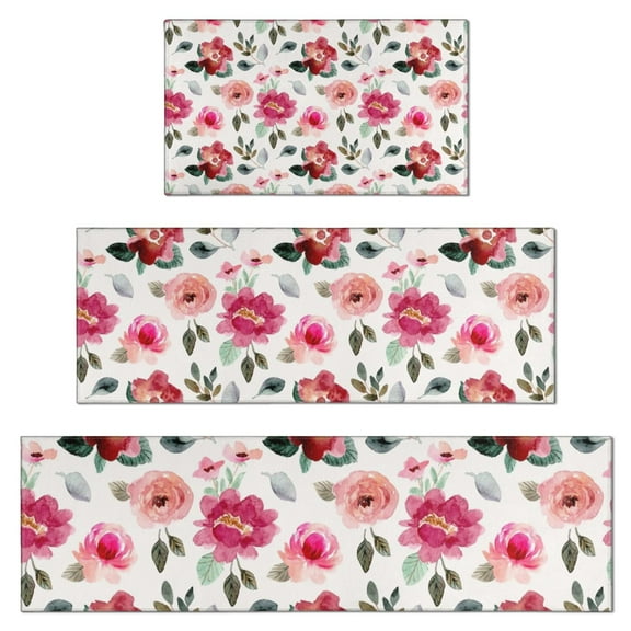 Pioneer Flower Floral Print Pattern Kitchen Rugs Sets Of 3,Kitchen Runner Rugs Non Skid Washable,Decorative Kitchen Floor Mats for Kitchen,Sink,Laundry,17"x30"+ 17"x47" + 17"x59"