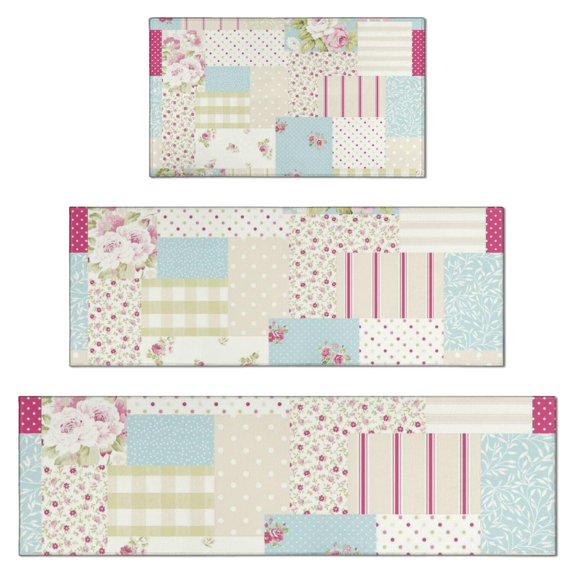 Pioneer Flower Floral Print Pattern Kitchen Rugs Sets Of 3,Kitchen Runner Rugs Non Skid Washable,Decorative Kitchen Floor Mats for Kitchen,Sink,Laundry,17"x30"+ 17"x47" + 17"x59"