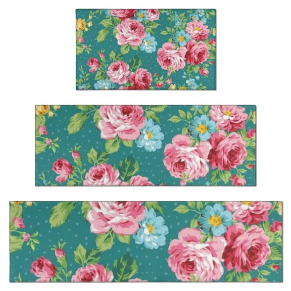 Pioneer Flower Floral Print Pattern Kitchen Rugs Sets Of 3,Kitchen Runner Rugs Non Skid Washable,Decorative Kitchen Floor Mats for Kitchen,Sink,Laundry,17"x30"+ 17"x47" + 17"x59"