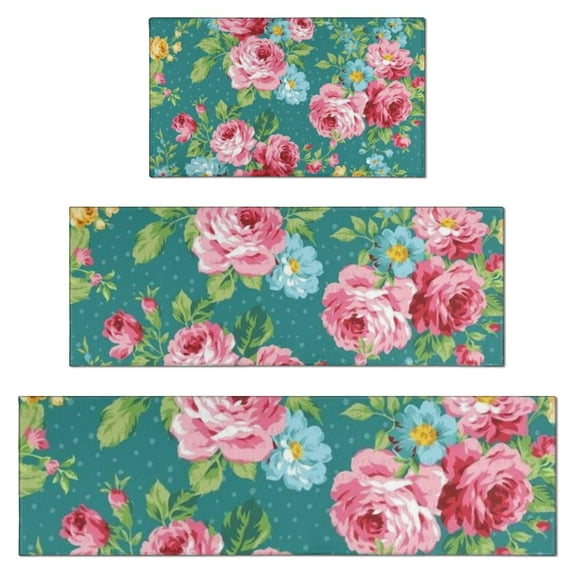Pioneer Flower Floral Print Pattern Kitchen Rugs Sets Of 3,Kitchen Runner Rugs Non Skid Washable,Decorative Kitchen Floor Mats for Kitchen,Sink,Laundry,17"x30"+ 17"x47" + 17"x59"