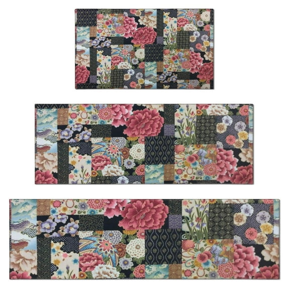 Pioneer Flower Floral Print Pattern Kitchen Rugs Sets Of 3,Kitchen Runner Rugs Non Skid Washable,Decorative Kitchen Floor Mats for Kitchen,Sink,Laundry,17"x30"+ 17"x47" + 17"x59"