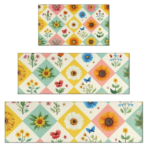 Pioneer Flower Floral Print Pattern Kitchen Rugs Sets Of 3,Kitchen Runner Rugs Non Skid Washable,Decorative Kitchen Floor Mats for Kitchen,Sink,Laundry,17"x30"+ 17"x47" + 17"x59"