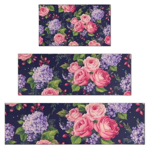 Pioneer Flower Floral Print Pattern Kitchen Rugs Sets Of 3,Kitchen Runner Rugs Non Skid Washable,Decorative Kitchen Floor Mats for Kitchen,Sink,Laundry,17"x30"+ 17"x47" + 17"x59"