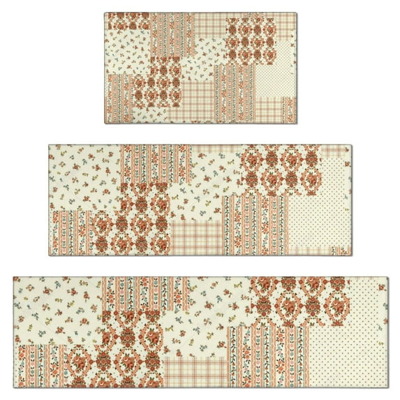 Pioneer Flower Floral Print Pattern Kitchen Rugs Sets Of 3,Kitchen Runner Rugs Non Skid Washable,Decorative Kitchen Floor Mats for Kitchen,Sink,Laundry,17"x30"+ 17"x47" + 17"x59"